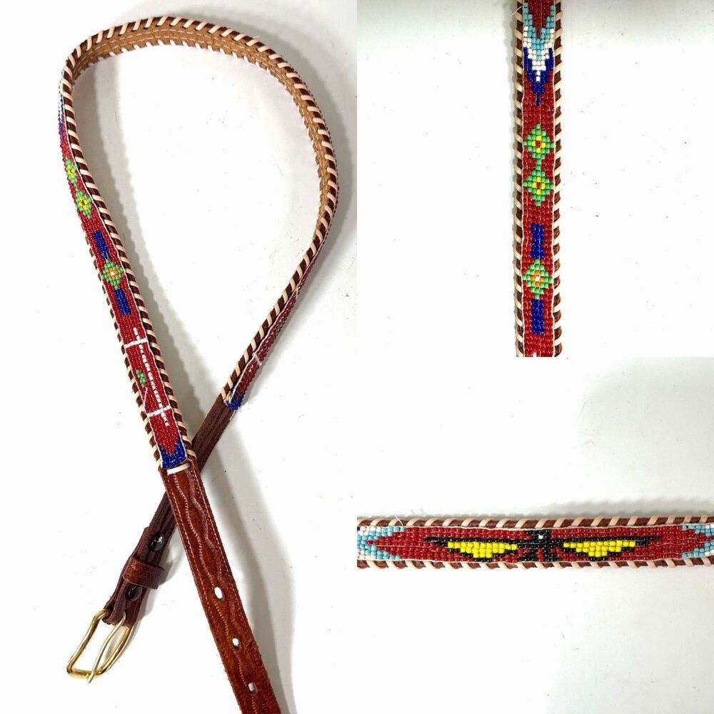 VTG Leather Belt Hand Beaded Aztec Thunderbird Arrow Indian Eagle Cowhide Sz 32
